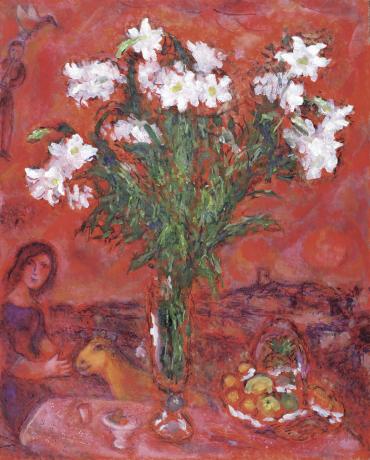 White Bouquet on Red Background, 1970 - 1975, Works on canvas by Marc Chagall