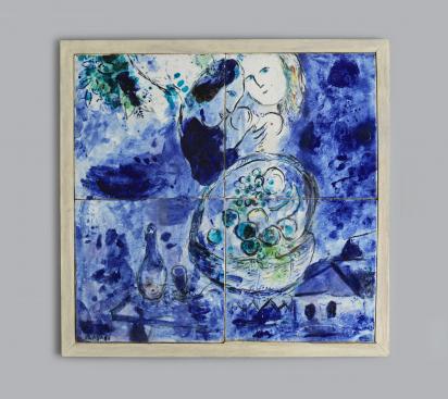 Amoureux au panier de fruits, 1950 - 1952, Céramique de Marc Chagall