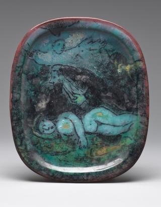 Sacrifice d'Abraham ou Ange et prophète au-dessus d'une figure allongée, 1950, Céramique de Marc Chagall