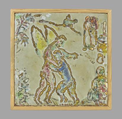 Jacob Wrestling with the Angel on a Grey-green Background, 1961, Ceramic by Marc Chagall