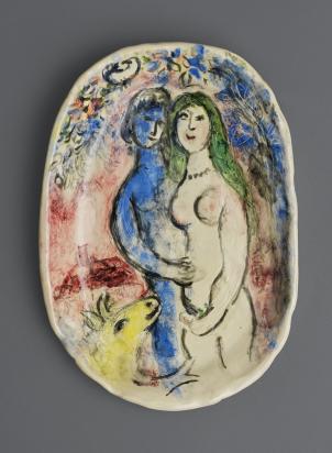 Nu aux cheveux verts et son fiancé bleu, 1958, Céramique de Marc Chagall