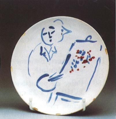 Service de mariage d’Ida Chagall : assiette : Peintre au double profil devant son chevalet, 1951, Céramique de Marc Chagall