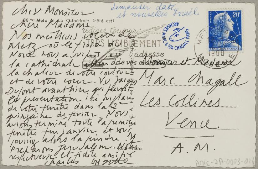 Postcard by Charles Marq, Simon Marq workshop (Reims) à Marc CHAGALL ...